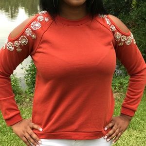 Jeweled cold shoulder lightweight sweatshirt